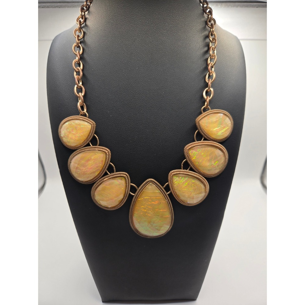 Antique Copper Faux Opal Bib Statement Necklace Iridescent UV Glow Teardrop